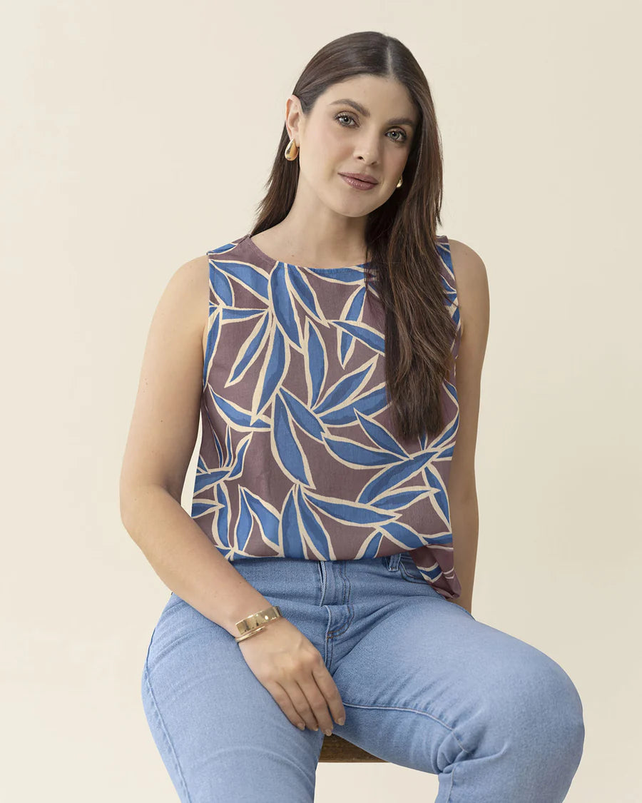 Blusa manga sisa estampada de cuello redondo alto - F7376