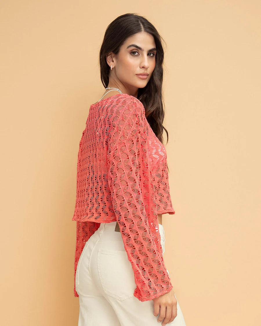 Camiseta crop manga larga con transparencias