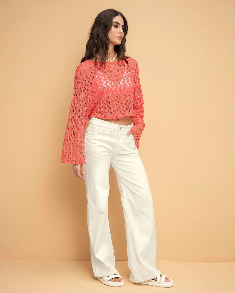 Camiseta crop manga larga con transparencias