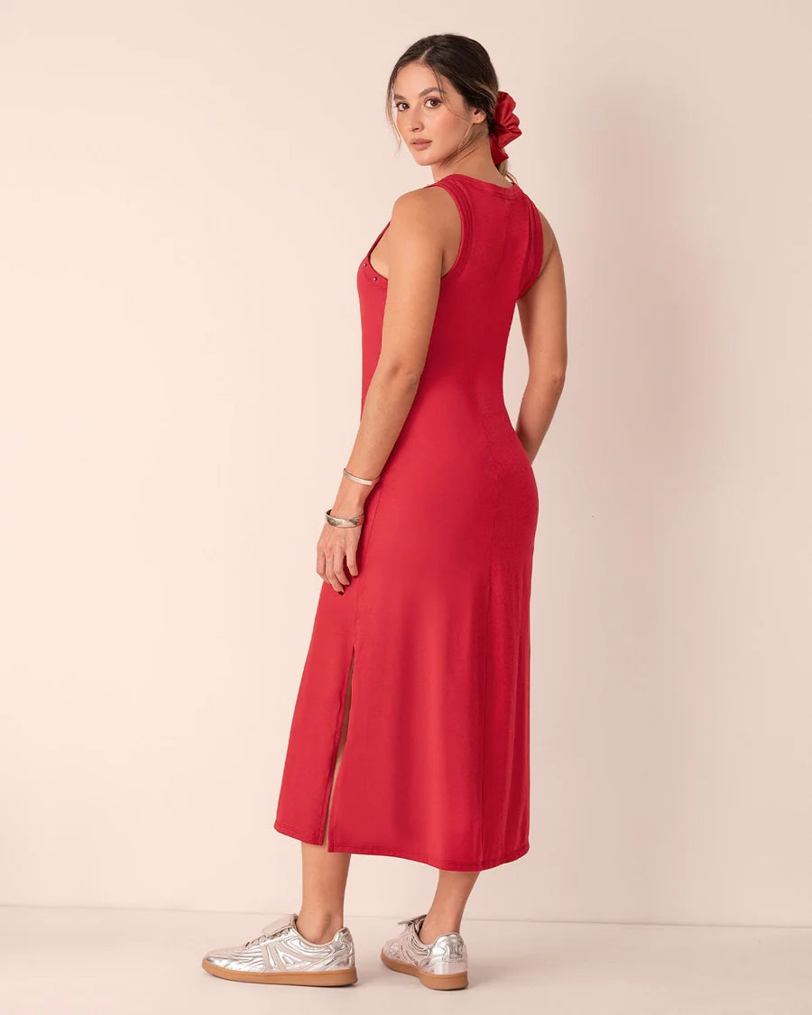 Vestido largo con detalle de taches en cuello y sisa - LJ3157