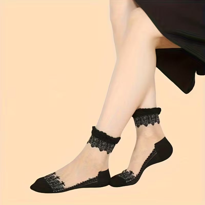 6322 🖤 Calcetines Vintage Negros Bordados para Mujer - - P1002