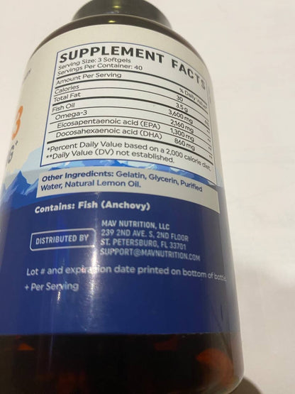 Omega-3 Fish Oil 3600Mg+ | 1300Mg EPA + 860Mg DHA | 120 Softgels | Heart, Brain