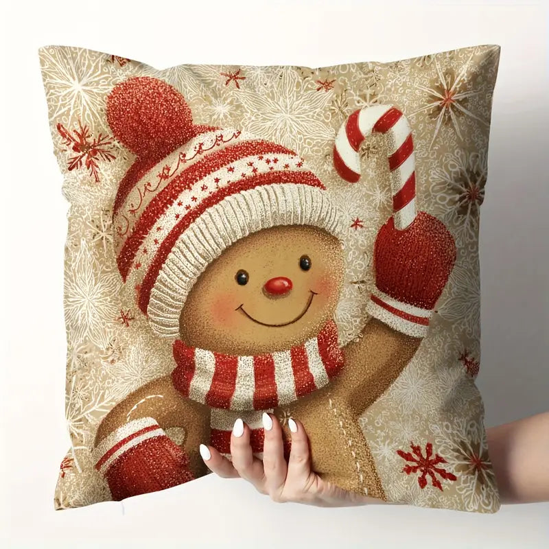 🎄 Set de 4 Fundas de Cojín Navideñas Festivas – Pan de Jengibre, Muñeco de Nieve, Papá Noel y más - MVU5247884