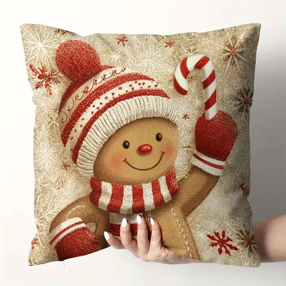 🎄 Set de 4 Fundas de Cojín Navideñas Festivas – Pan de Jengibre, Muñeco de Nieve, Papá Noel y más - MVU5247884