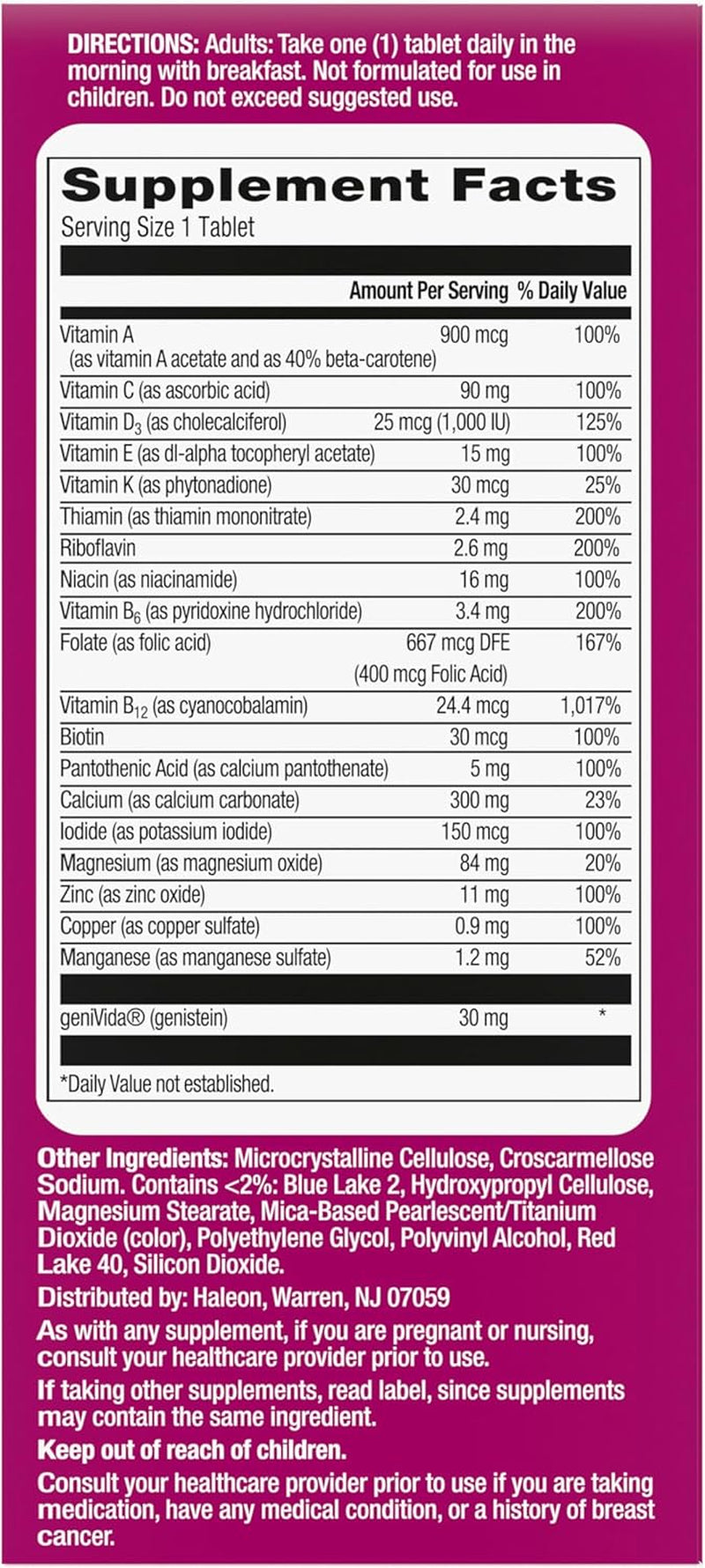 Complete Multivitamin Supplement + Hot Flash Support Menopause Support Tablets, with Clinically Studied Genivida, 30 Count