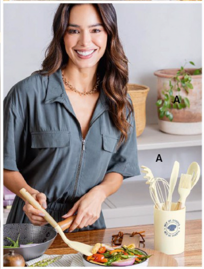 🥄 Set de 6 Utensilios de Silicona con Mango de Bambú + Contenedor | Color Beige