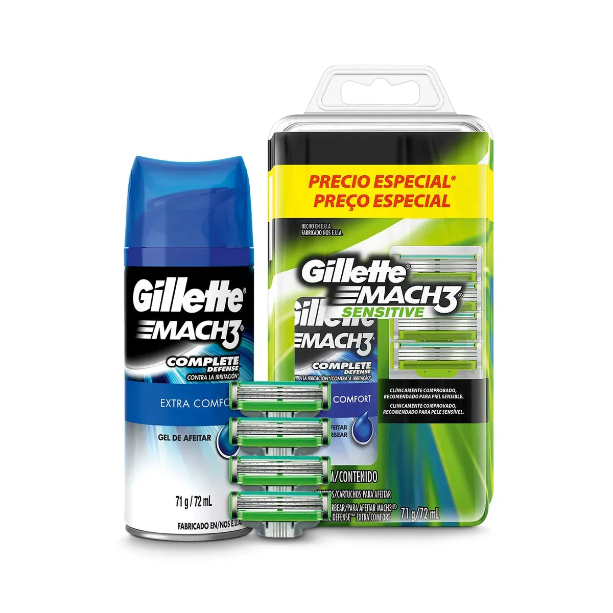 1571 ✨Estuche Repuesto Sensitive x 4 unds + Gel para afeitar Mach3 x 72 ml -N 31683