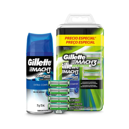 1571 ✨Estuche Repuesto Sensitive x 4 unds + Gel para afeitar Mach3 x 72 ml -N 31683