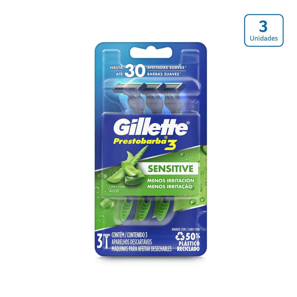 34806 🪒 Máquina de Afeitar Gillette Prestobarba3 Sensitive – Pack x3