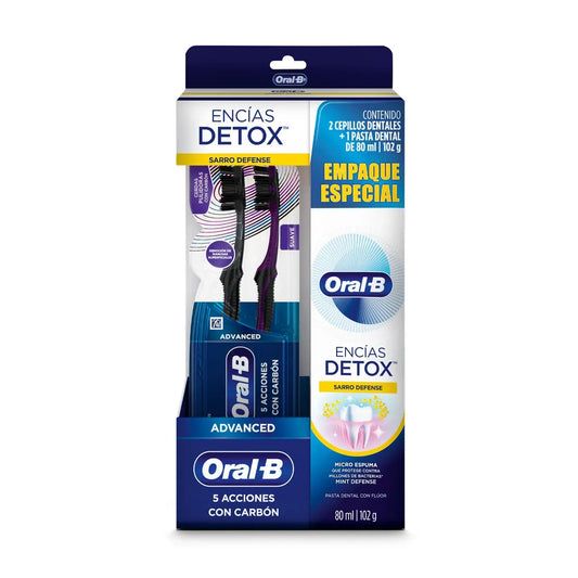 Pack Oral B Crema dental Detox Sarro x 80ml + Cepillo de dientes 5 acciones Carbón x 2 unds  -CÓD N38414