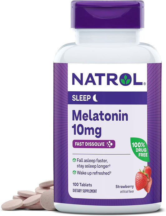 Fast Dissolve Melatonin 10Mg Tablets - Strawberry Flavor, 100 Count, Sleep Support Melatonin Tablets for Adults, 100-Day Supply