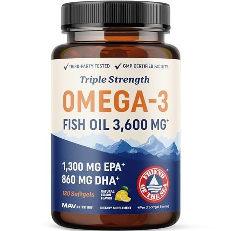 Omega-3 Fish Oil 3600Mg+ | 1300Mg EPA + 860Mg DHA | 120 Softgels | Heart, Brain