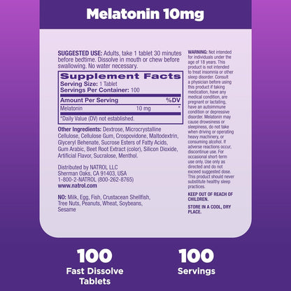 Fast Dissolve Melatonin 10Mg Tablets - Strawberry Flavor, 100 Count, Sleep Support Melatonin Tablets for Adults, 100-Day Supply