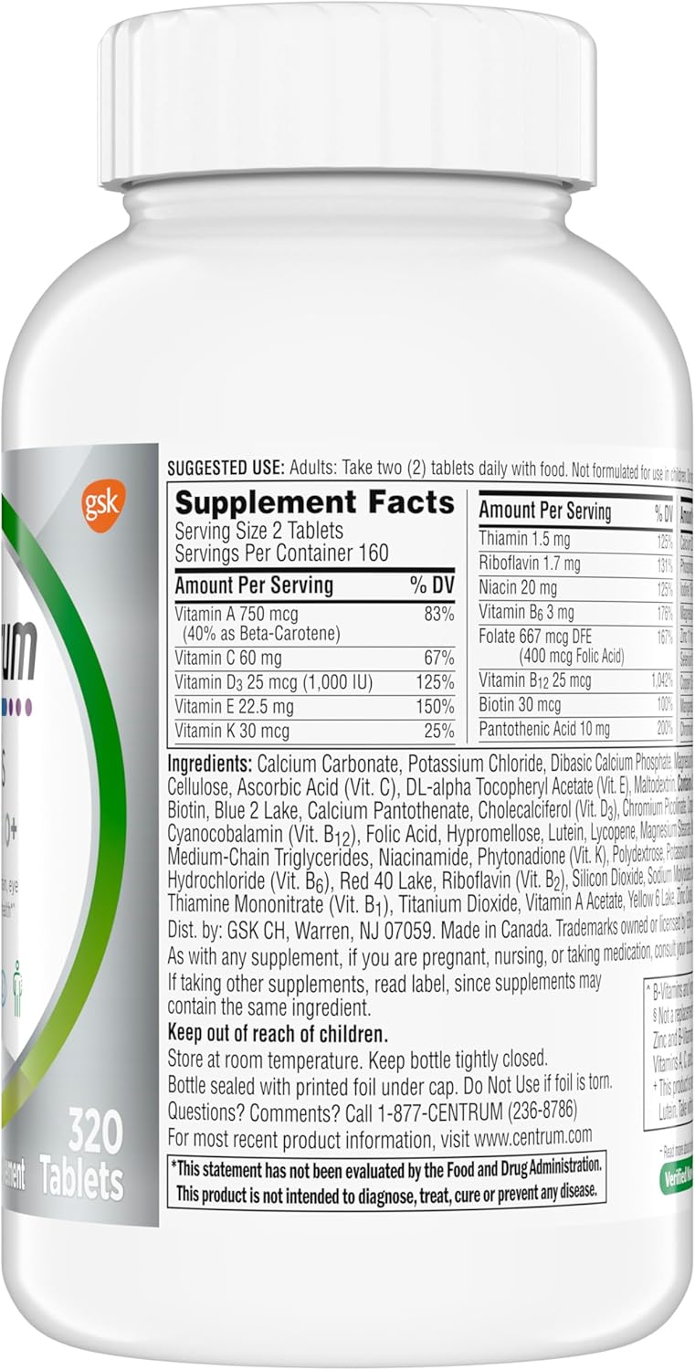 Minis Silver Multivitamin Tablet for Adults 50 Plus, Multimineral Supplement, Vitamin D3, B-Vitamins, Gluten Free, Non-Gmo Ingredients, Supports Memory and Cognition in Older Adults - 320 Ct