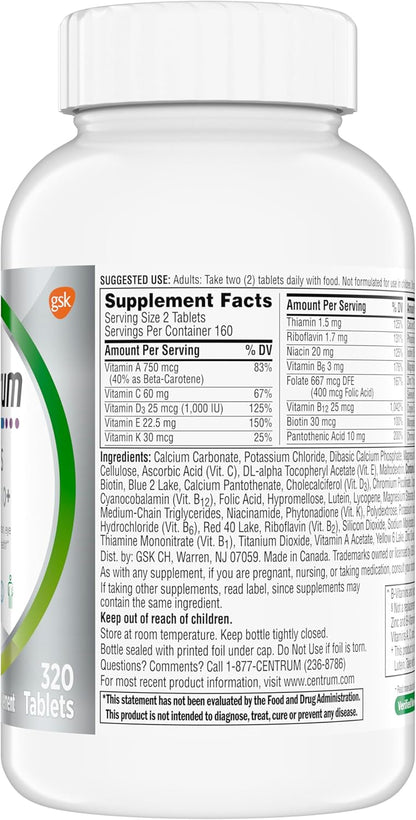 Minis Silver Multivitamin Tablet for Adults 50 Plus, Multimineral Supplement, Vitamin D3, B-Vitamins, Gluten Free, Non-Gmo Ingredients, Supports Memory and Cognition in Older Adults - 320 Ct