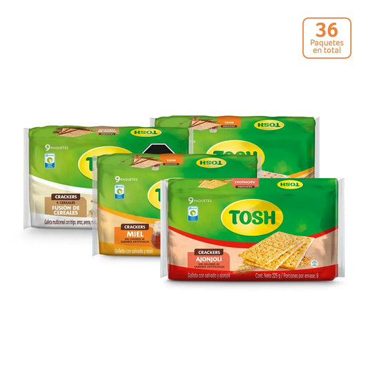 Galletas Crackers Surtidas Tosh Miel, Ajonjolí y Fusión de Cereales x 36unds - N84031