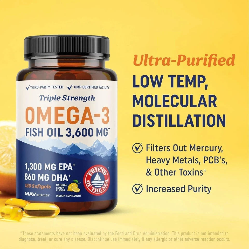 Triple Strength Omega 3 Fish Oil 3600Mg EPA & DHA over 2100Mg Omega3 Fatty 120Ct