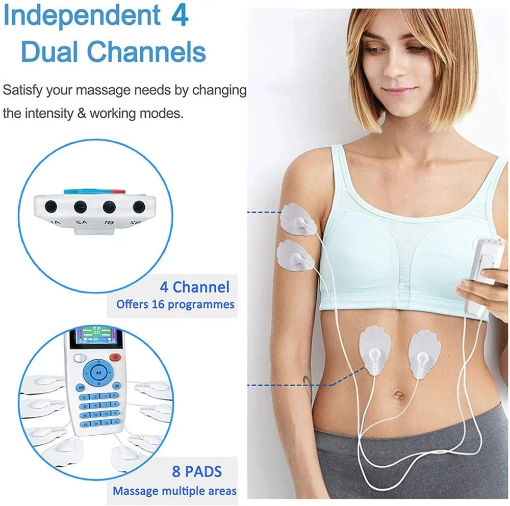16 Modes EMS Eletric Compex Muscle Stimulator Electrodes Pulse Physiotherapy TENS Machine 4Channel Massageador Body Pads Therapy