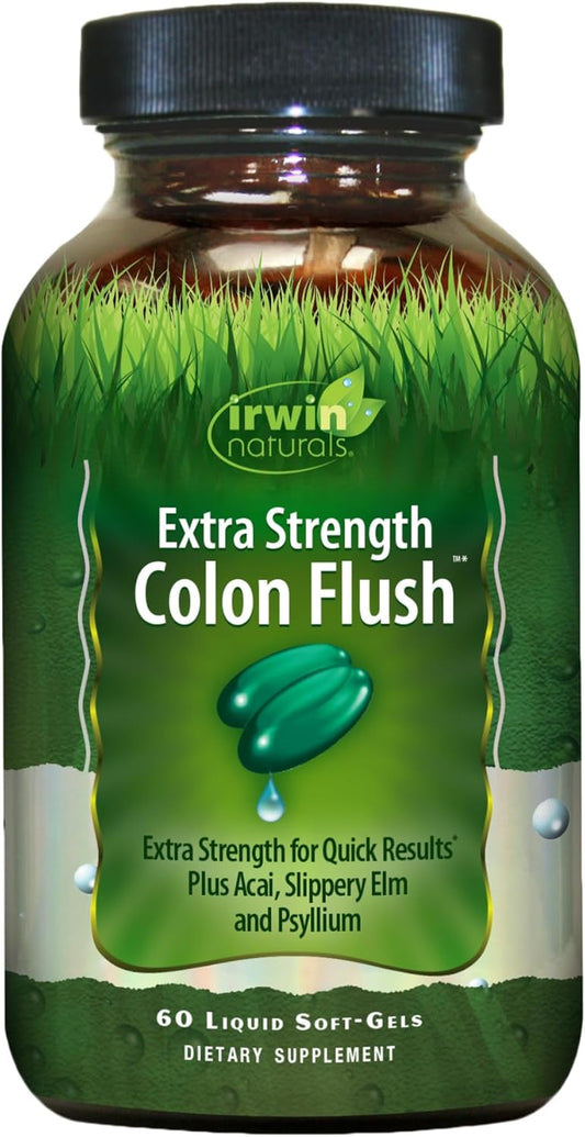 Extra Strength Colon Flush Quick & Powerful Digestive + Constipation Support Supplement with Psyllium, Acai, Triphala + Soothing Botanicals - 60 Liquid Softgels