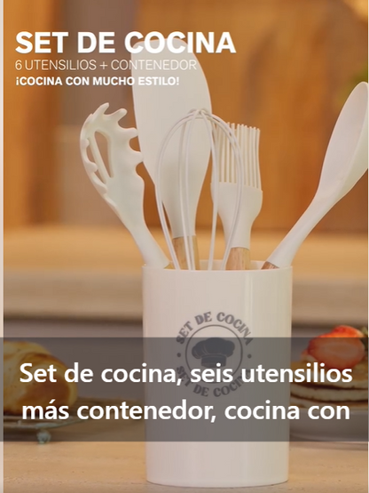🥄 Set de 6 Utensilios de Silicona con Mango de Bambú + Contenedor | Color Beige
