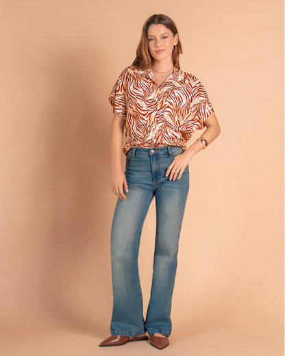 6815 🌺✨ Blusa Estampada de Manga Corta y Cuello Camisero REF F7259