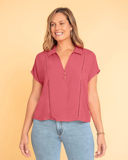 Blusa manga corta con detalle tejido en frente - REF F7333