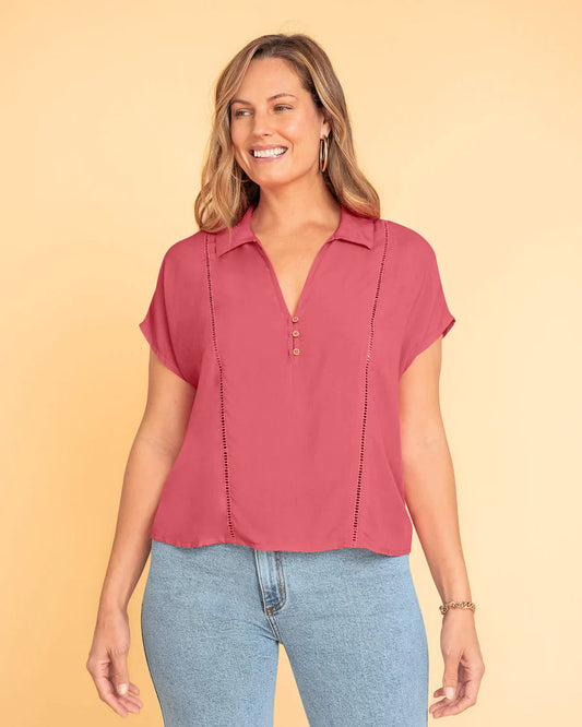 Blusa manga corta con detalle tejido en frente - REF F7333