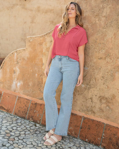 Blusa manga corta con detalle tejido en frente - REF F7333