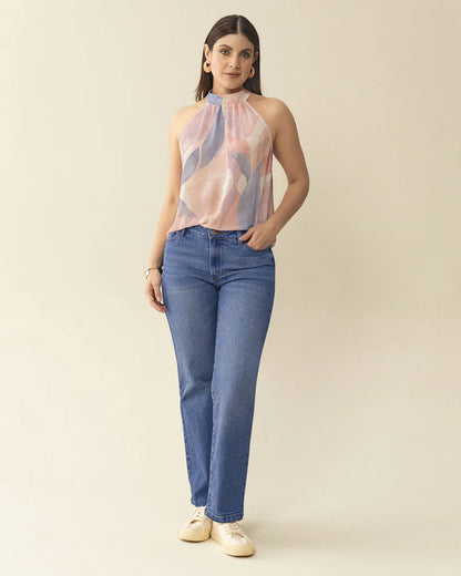 Camiseta estampada cuello alto con un toque de transparencia