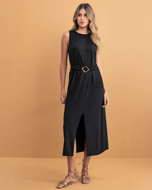Vestido midi con argolla decorativa y abertura en frente  - LF7395