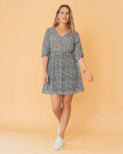 Vestido corto estampado con elástico en mangas y cintura - LF7448