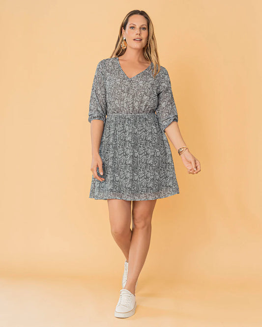 Vestido corto estampado con elástico en mangas y cintura - LF7448