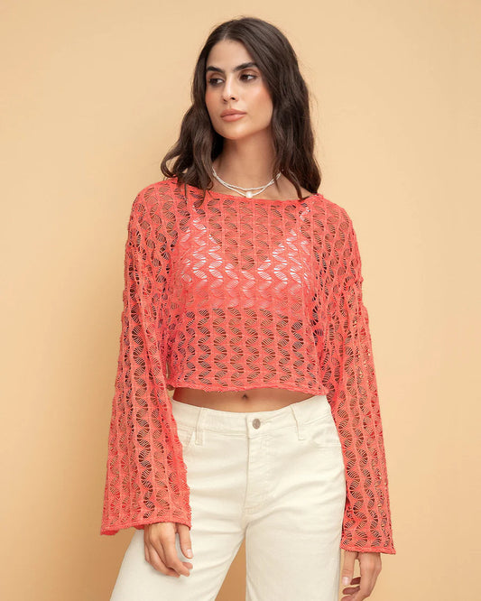 Camiseta crop manga larga con transparencias