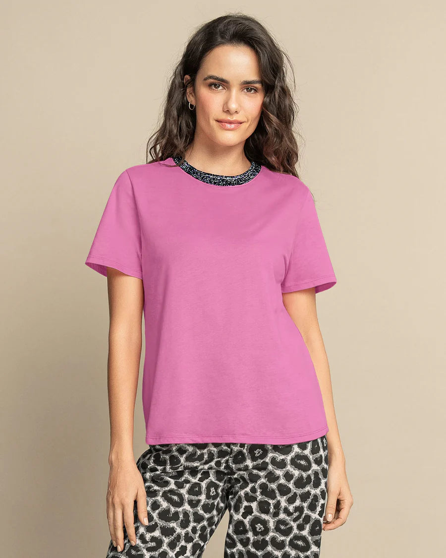 Camiseta manga corta con cuello en lurex brillante