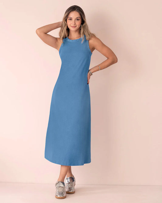 Vestido largo con detalle de taches en cuello y sisa - LJ3157