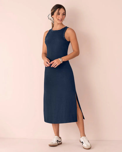 Vestido largo con detalle de taches en cuello y sisa - LJ3157