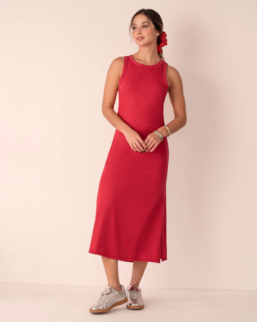 Vestido largo con detalle de taches en cuello y sisa - LJ3157