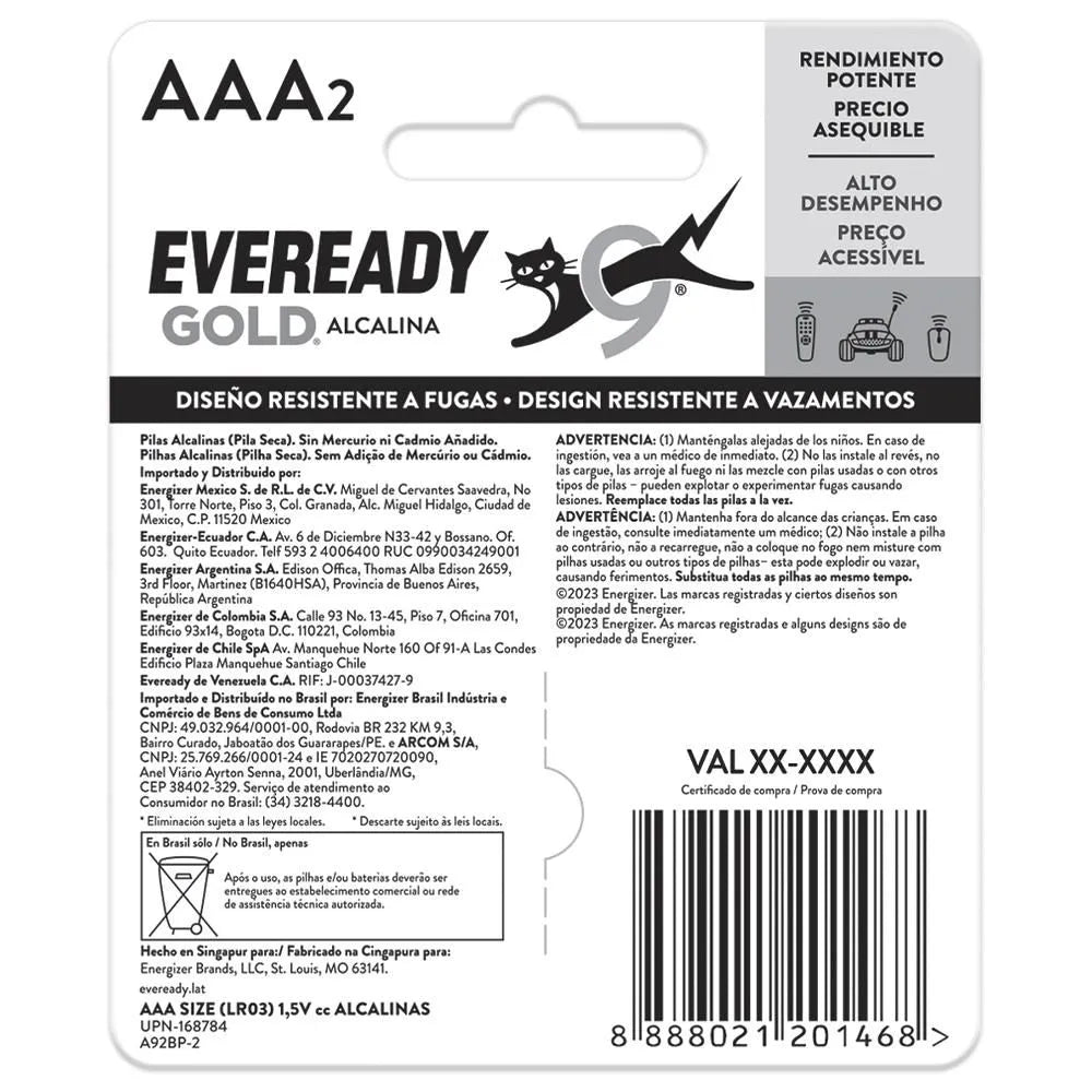 1223-2 🔋 Pila AAA Eveready Gold Alcalina x2 Unidades