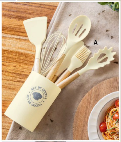 🥄 Set de 6 Utensilios de Silicona con Mango de Bambú + Contenedor | Color Beige