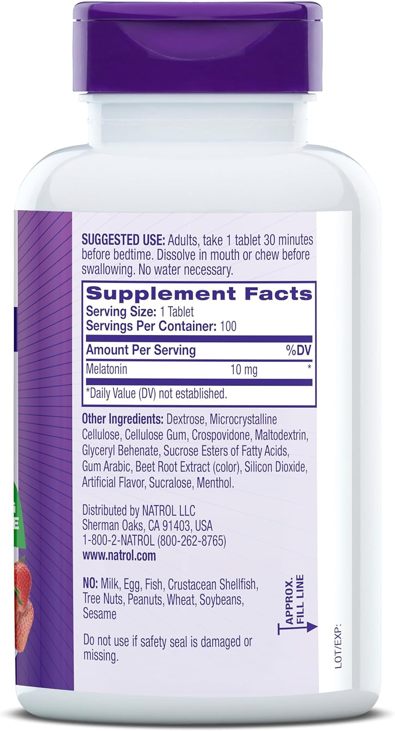 Fast Dissolve Melatonin 10Mg Tablets - Strawberry Flavor, 100 Count, Sleep Support Melatonin Tablets for Adults, 100-Day Supply