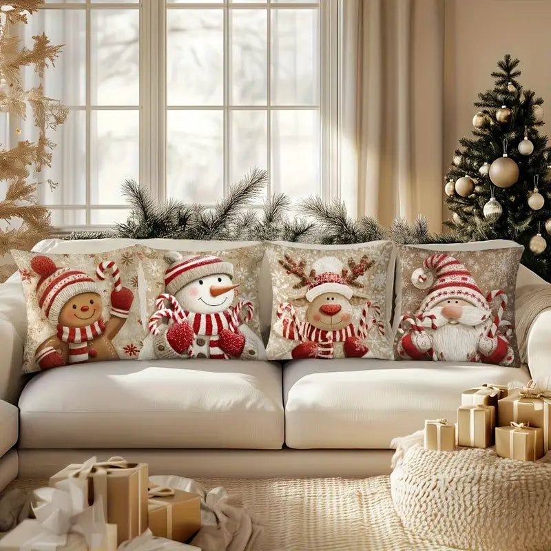 🎄 Set de 4 Fundas de Cojín Navideñas Festivas – Pan de Jengibre, Muñeco de Nieve, Papá Noel y más - MVU5247884