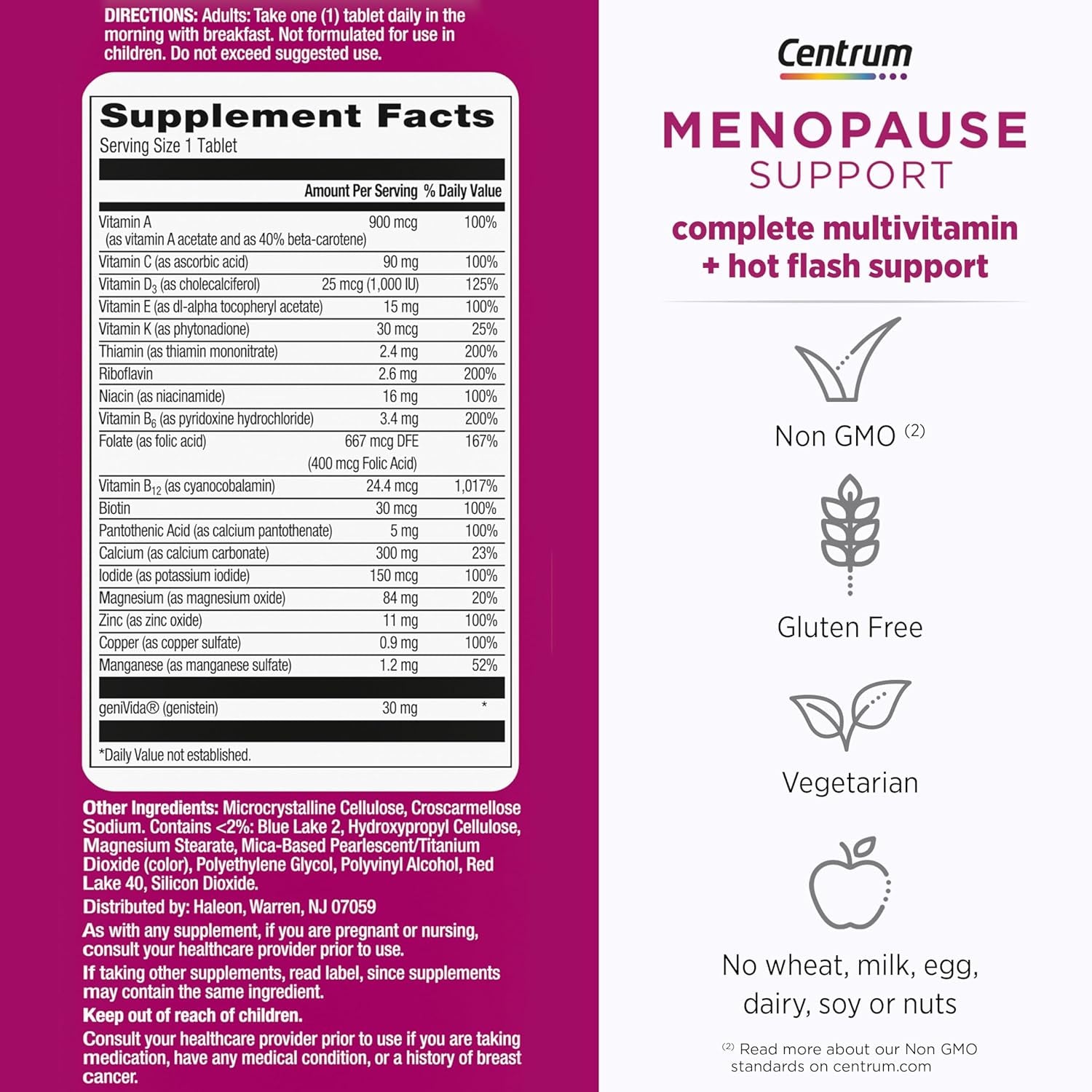 Complete Multivitamin Supplement + Hot Flash Support Menopause Support Tablets, with Clinically Studied Genivida, 30 Count