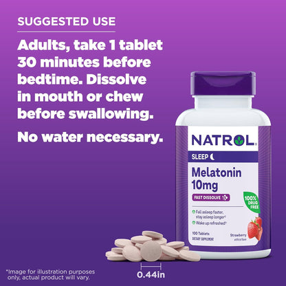 Fast Dissolve Melatonin 10Mg Tablets - Strawberry Flavor, 100 Count, Sleep Support Melatonin Tablets for Adults, 100-Day Supply
