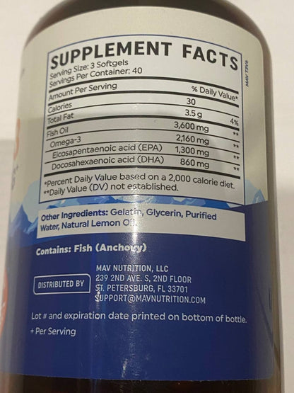 Omega-3 Fish Oil 3600Mg+ | 1300Mg EPA + 860Mg DHA | 120 Softgels | Heart, Brain