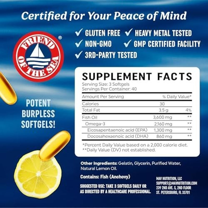 Omega-3 Fish Oil 3600Mg+ | 1300Mg EPA + 860Mg DHA | 120 Softgels | Heart, Brain