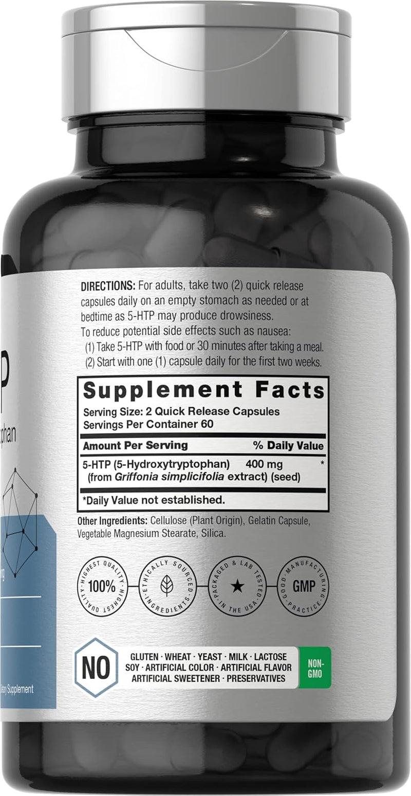 5HTP 400Mg Capsules | 120 Pills | 5-Hydroxytryptophan Supplement | Non-Gmo and Gluten Free